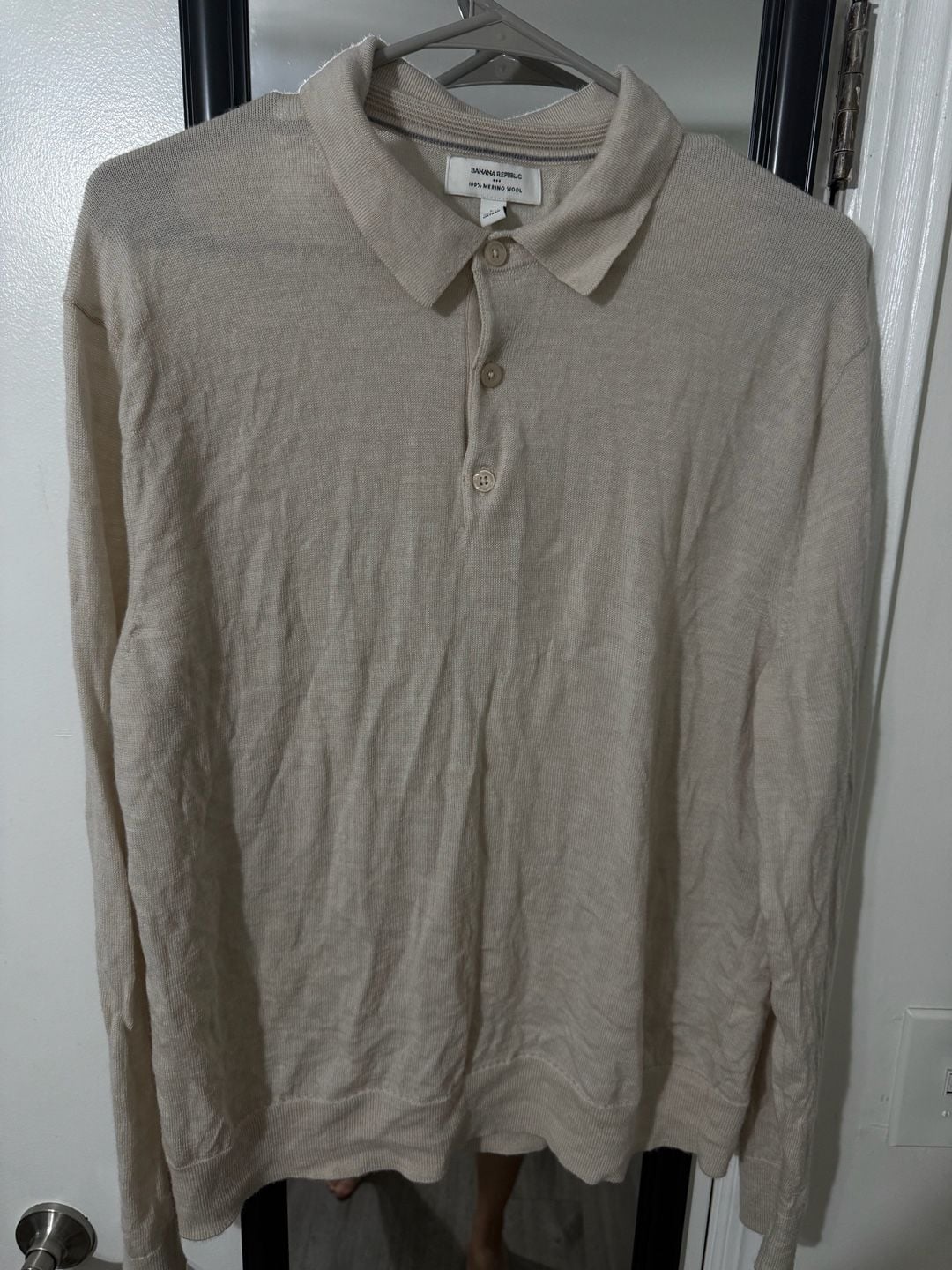 Banana Republic Merino Wool Polo Sweater Size L Beige Long Sleeve 3
