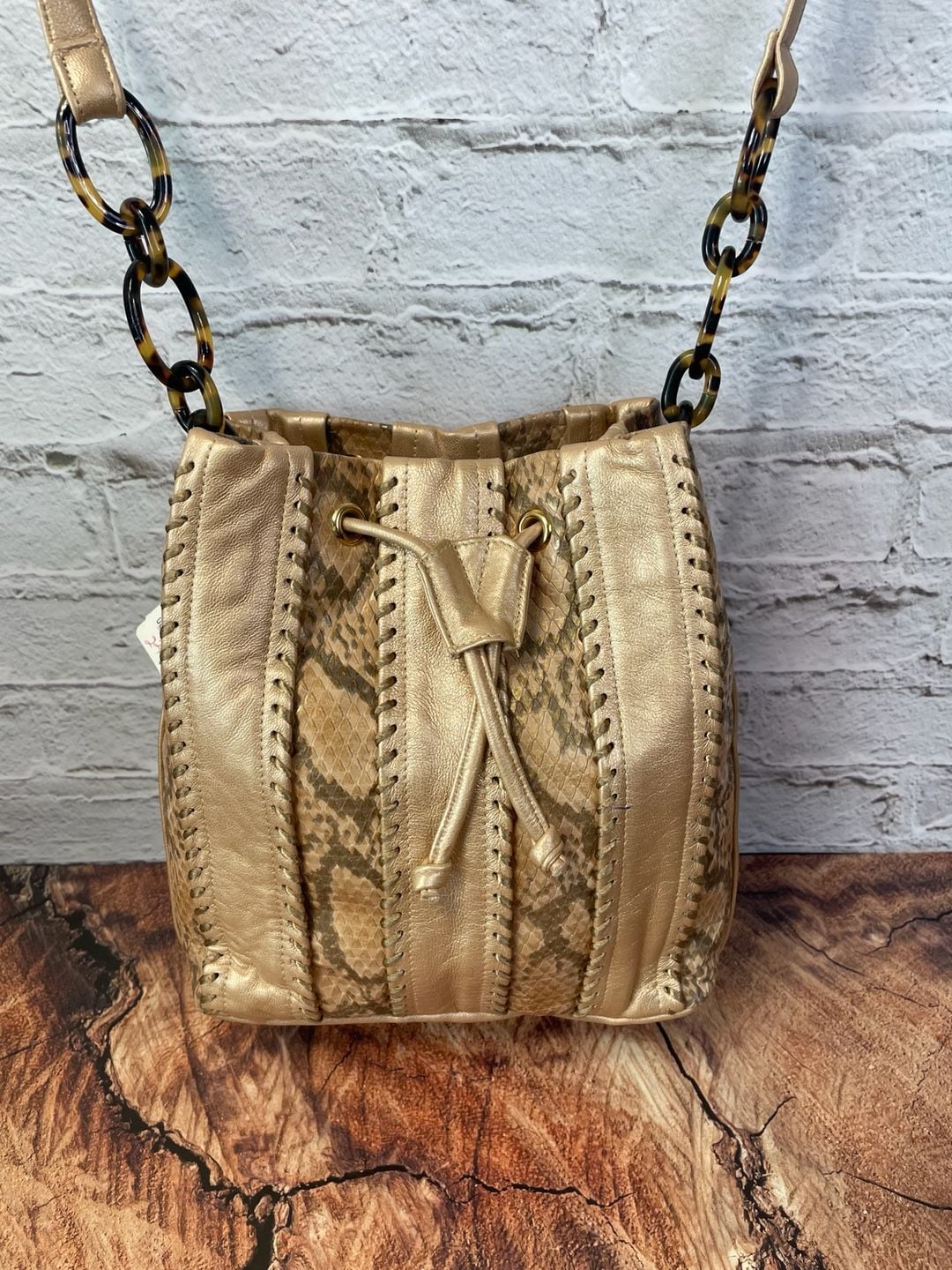 Sharif Python Print Metallic Gold Leather Drawstring Bucket Bag 2