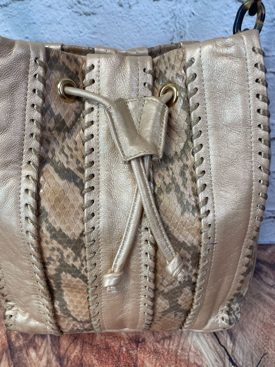 Sharif Python Print Metallic Gold Leather Drawstring Bucket Bag 6