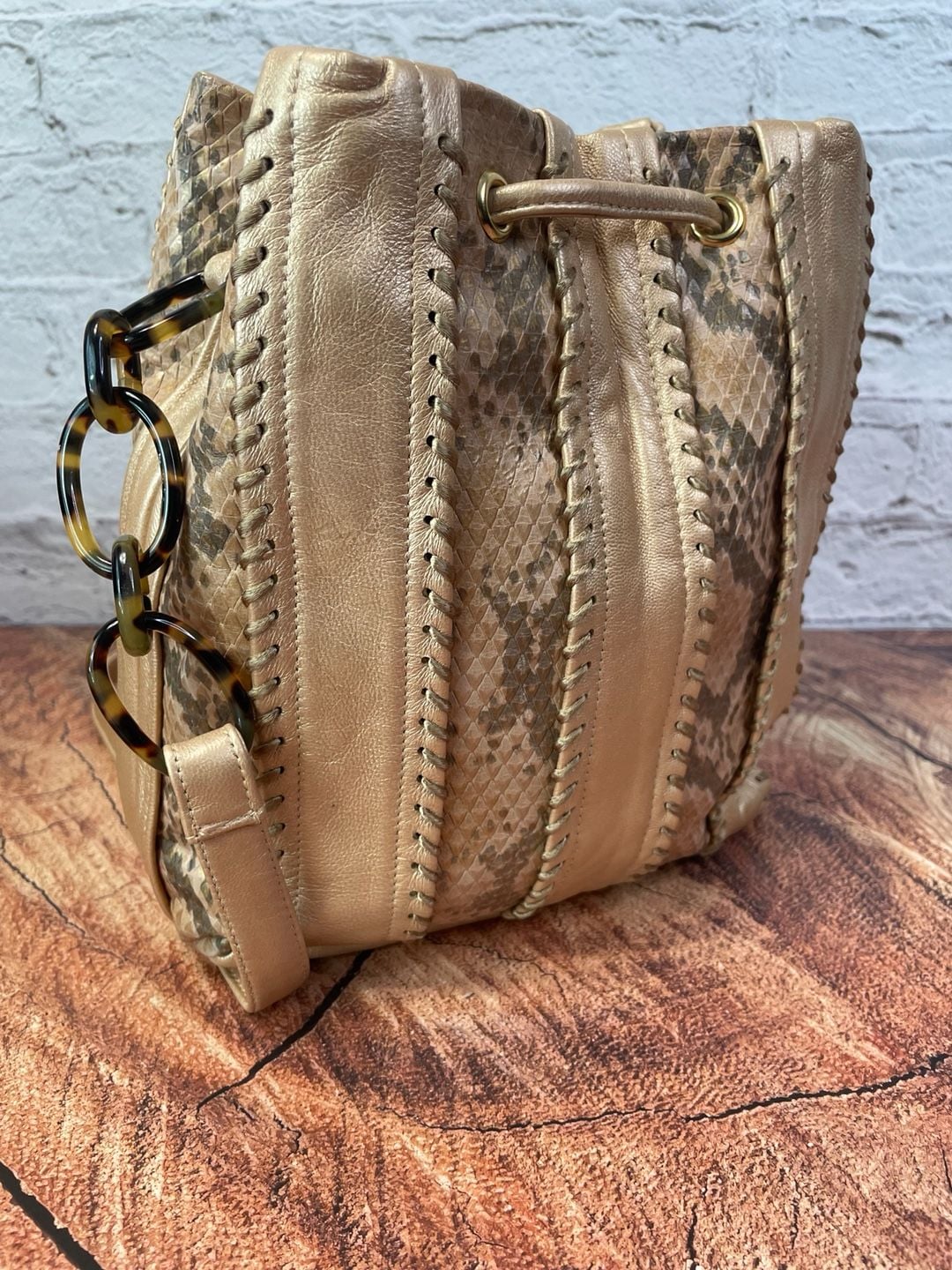 Sharif Python Print Metallic Gold Leather Drawstring Bucket Bag 8