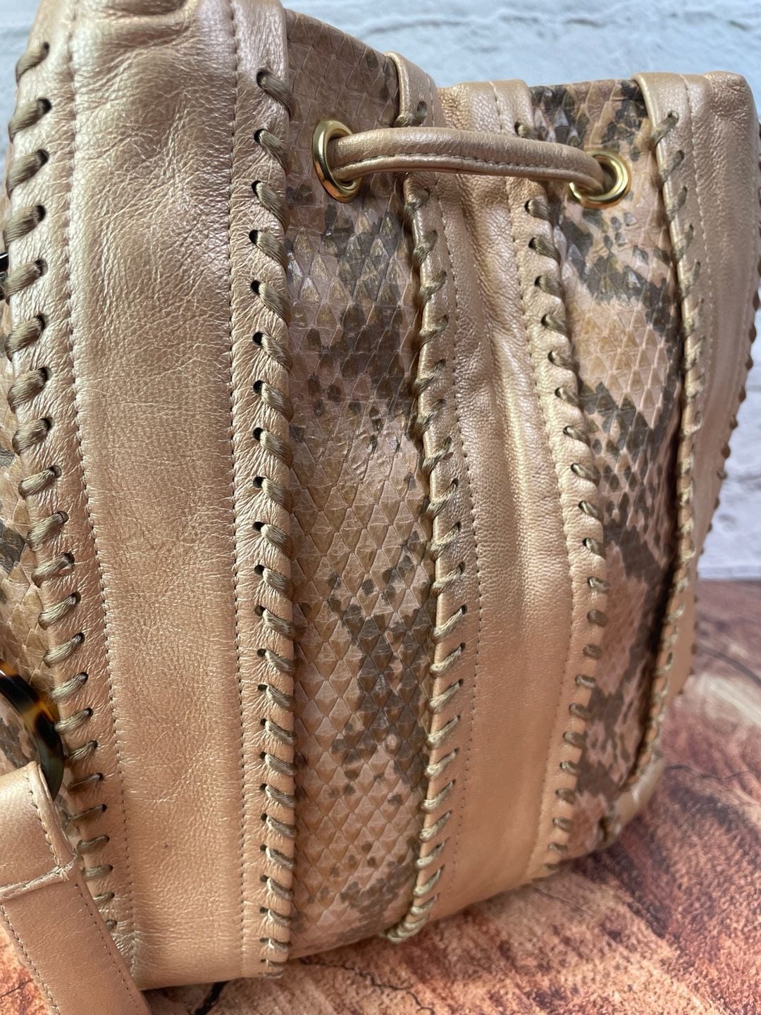 Sharif Python Print Metallic Gold Leather Drawstring Bucket Bag 9