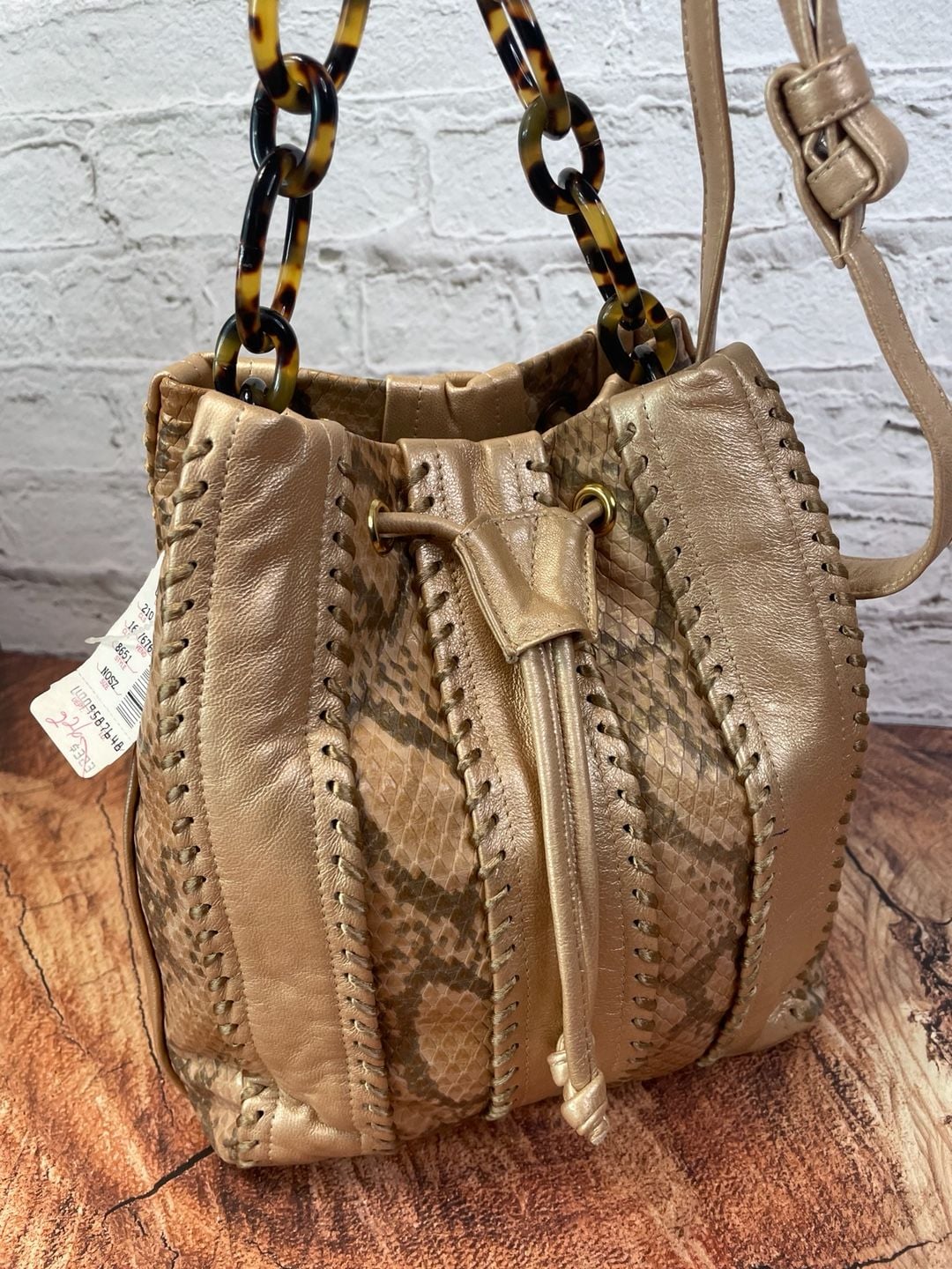 Sharif Python Print Metallic Gold Leather Drawstring Bucket Bag 10