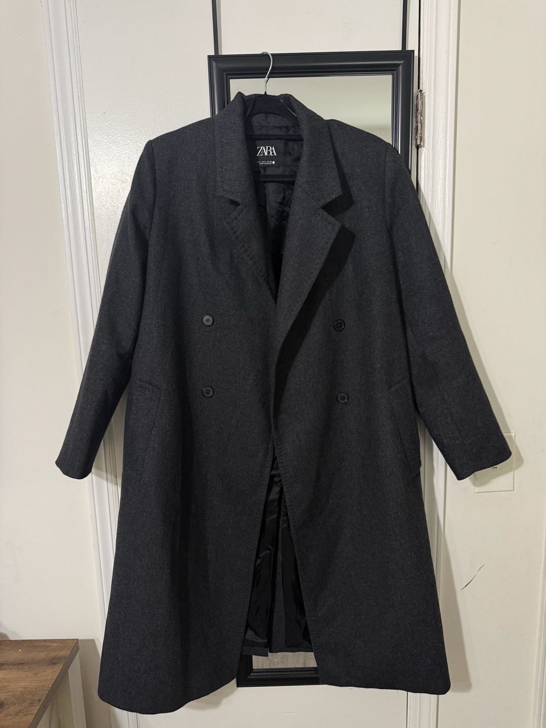 Zara Double Breasted Wool Blend Coat Size L Dark Grey 2