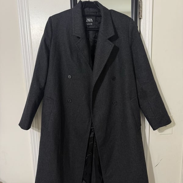 Zara Double Breasted Wool Blend Coat Size L Dark Grey