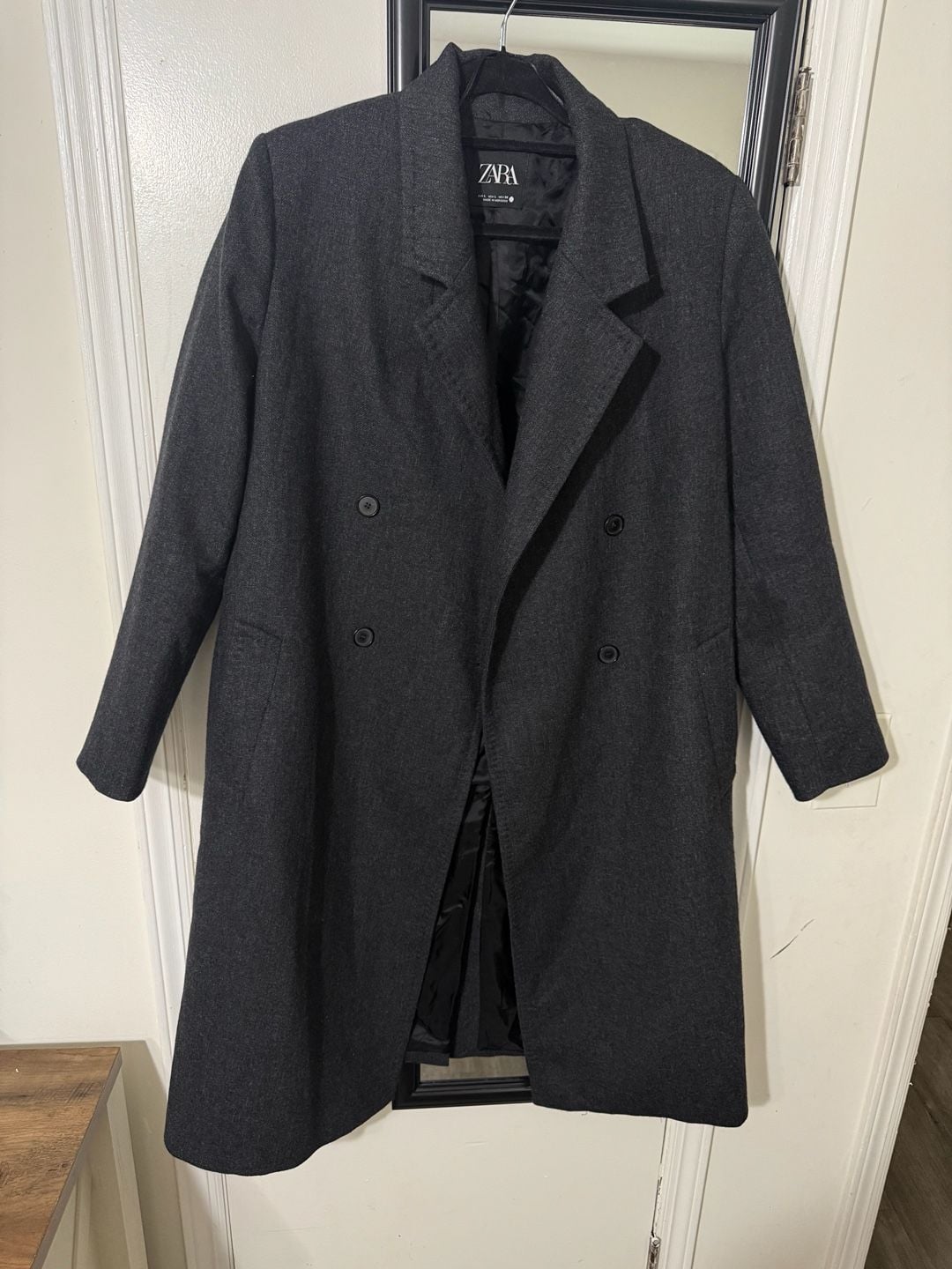 Zara Double Breasted Wool Blend Coat Size L Dark Grey 3