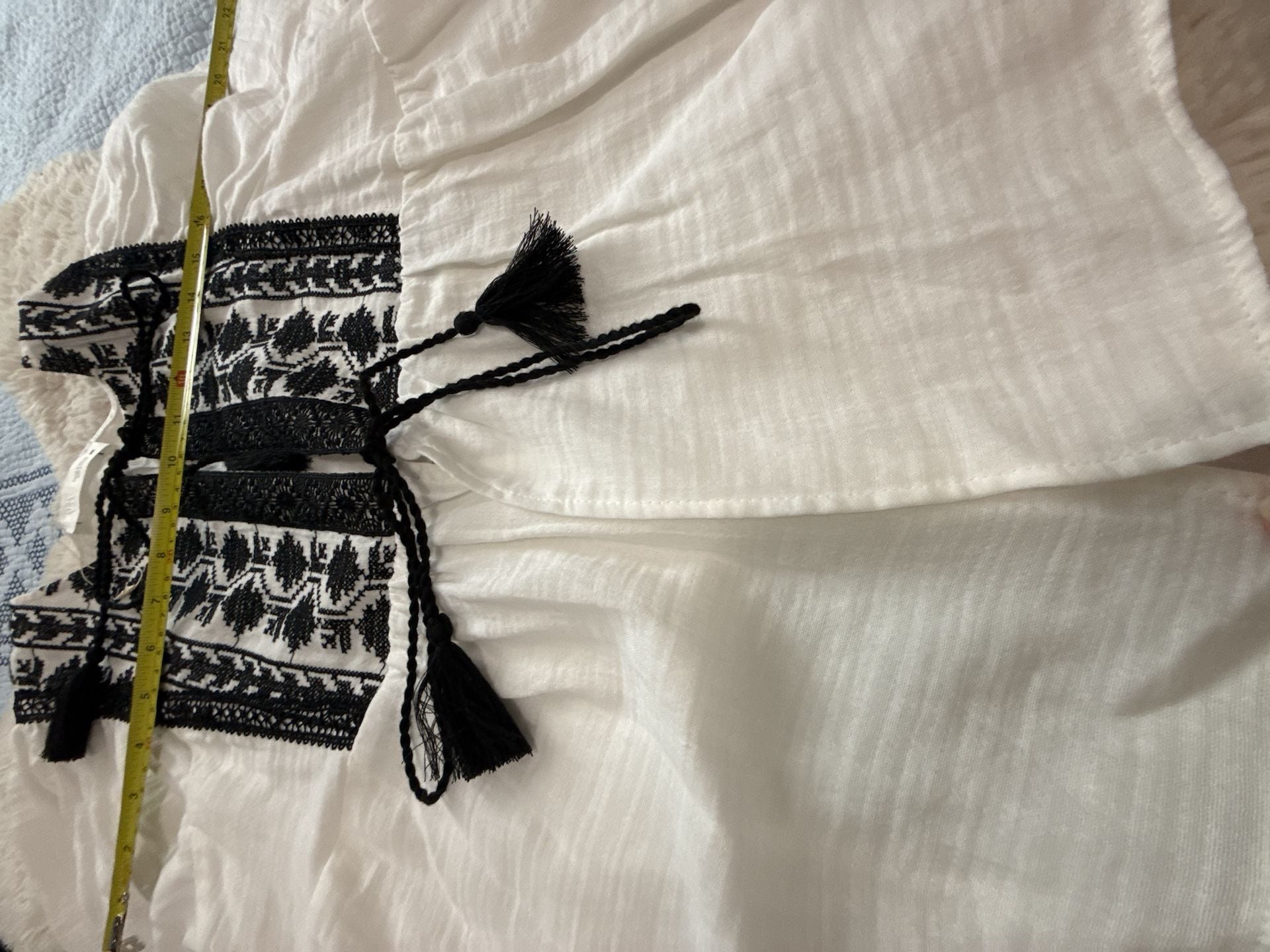 Zara Embroidered Boho Blouse Size M White Black Tassel 4