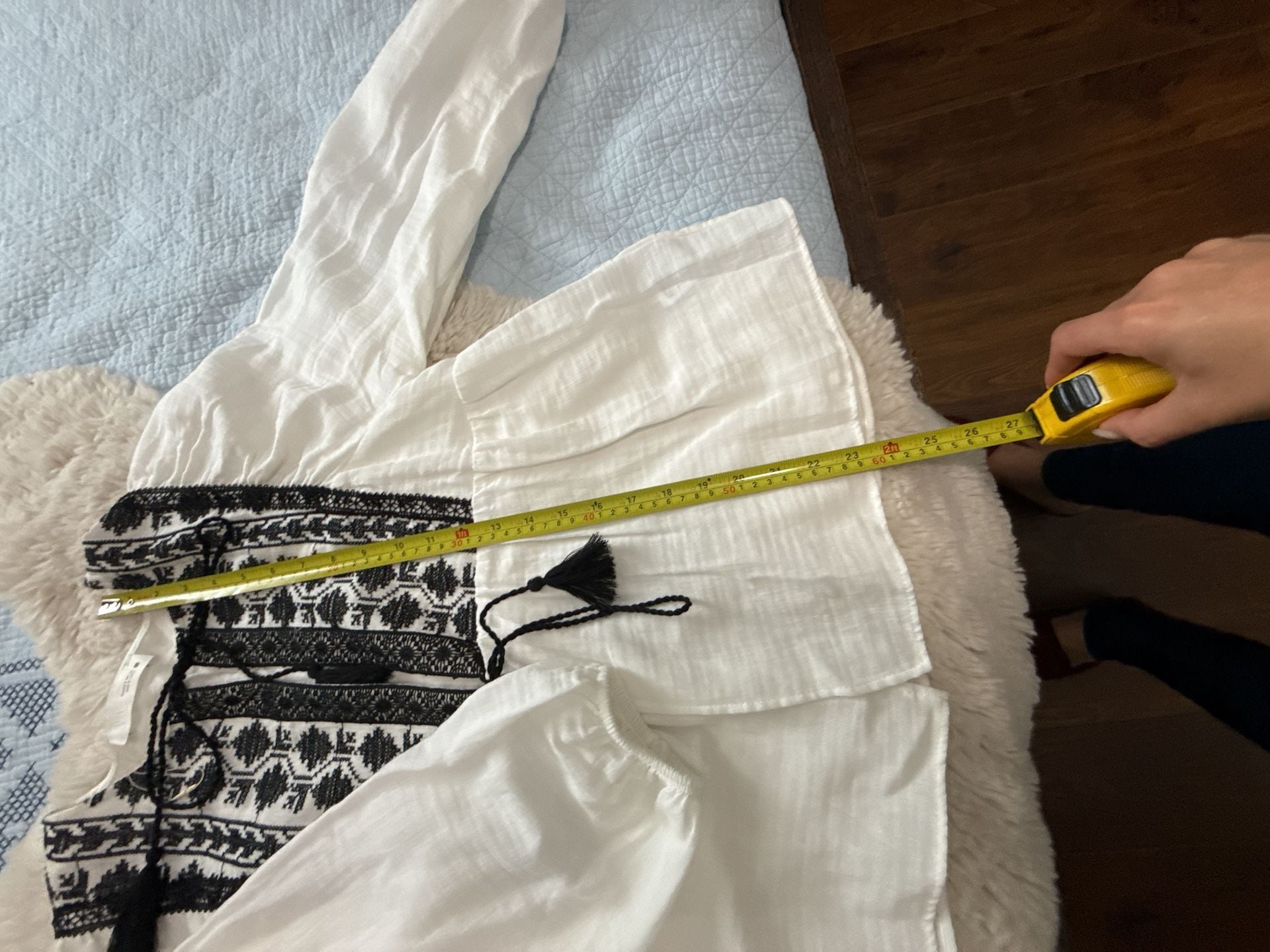 Zara Embroidered Boho Blouse Size M White Black Tassel 5