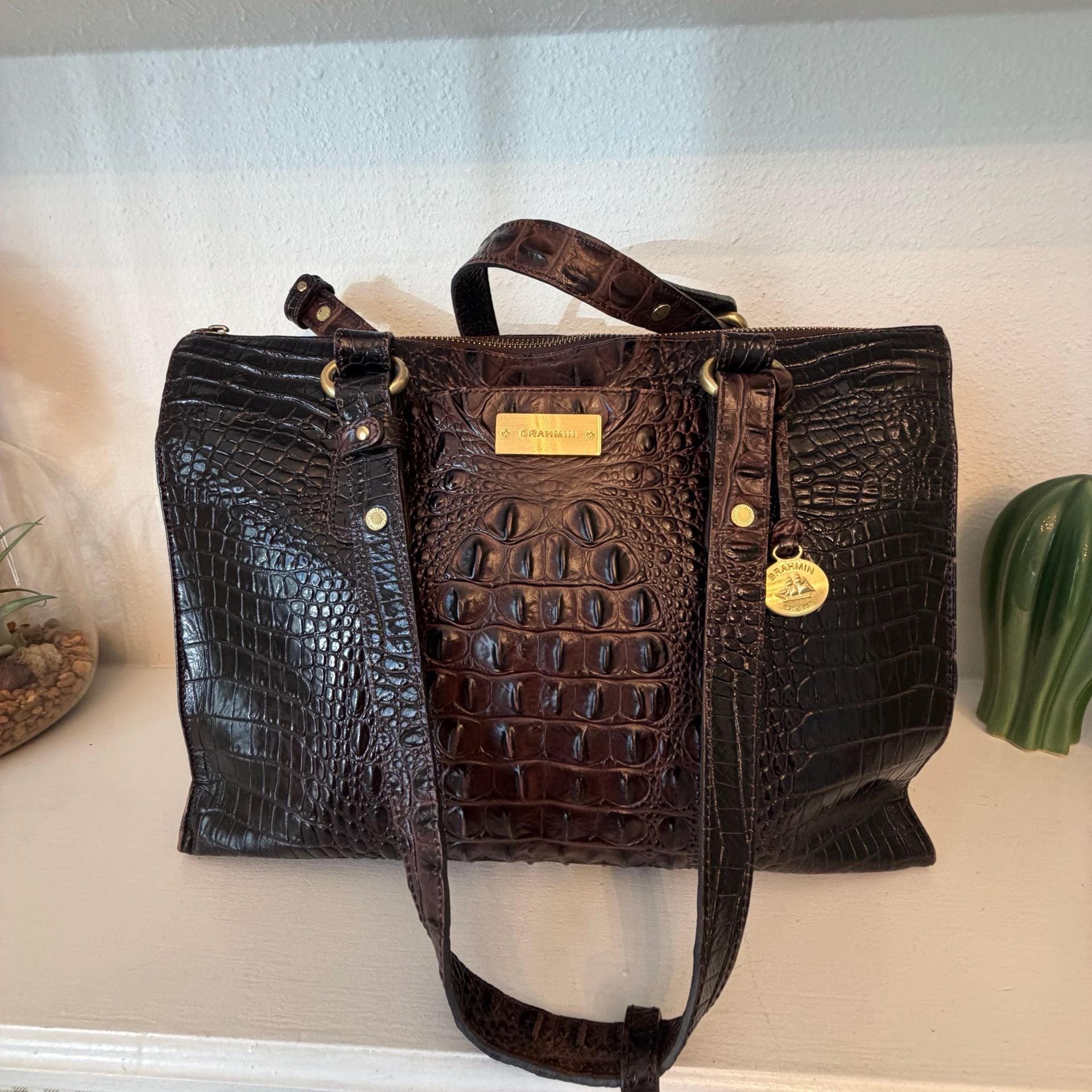 Brahmin Melbourne Leather Business Tote Bag Brown Croc Embossed 5