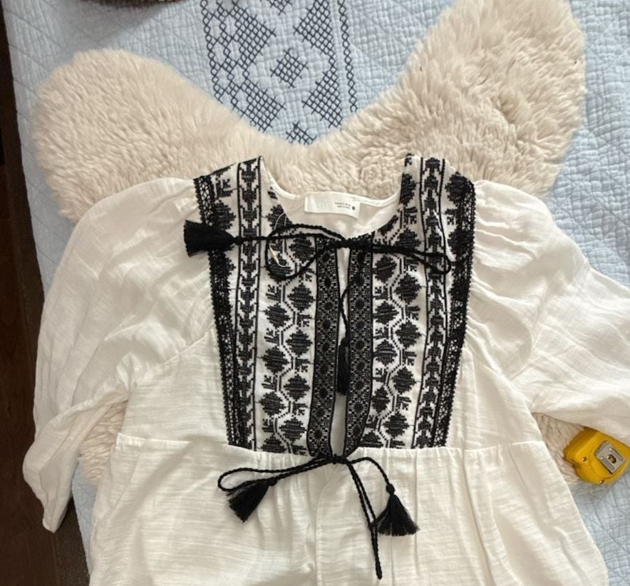 Zara Embroidered Boho Blouse Size M White Black Tassel 2