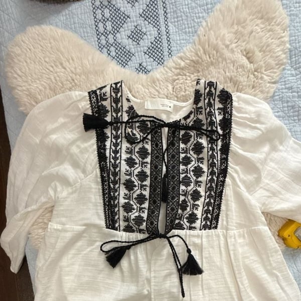 Zara Embroidered Boho Blouse Size M White Black Tassel