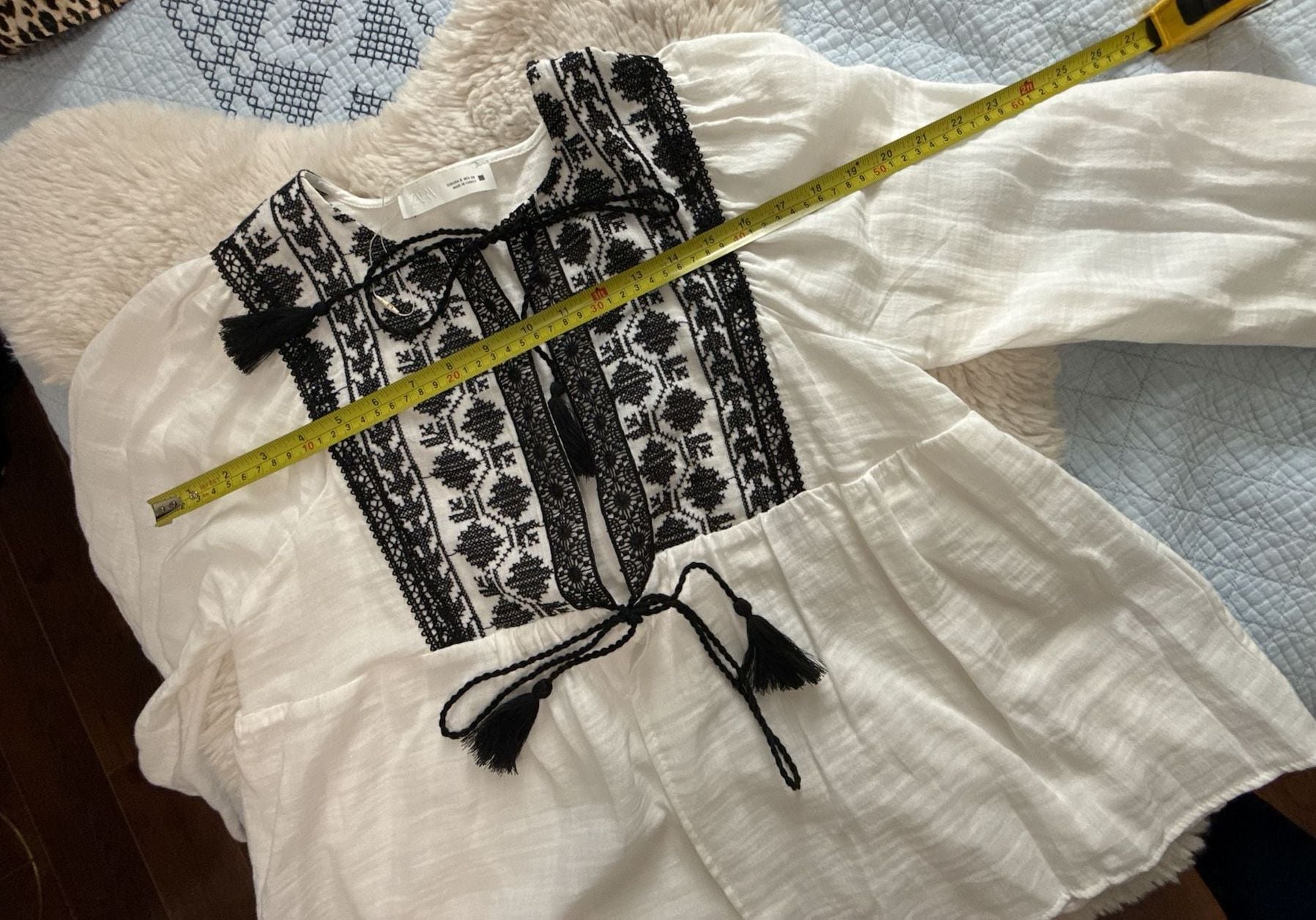 Zara Embroidered Boho Blouse Size M White Black Tassel 3