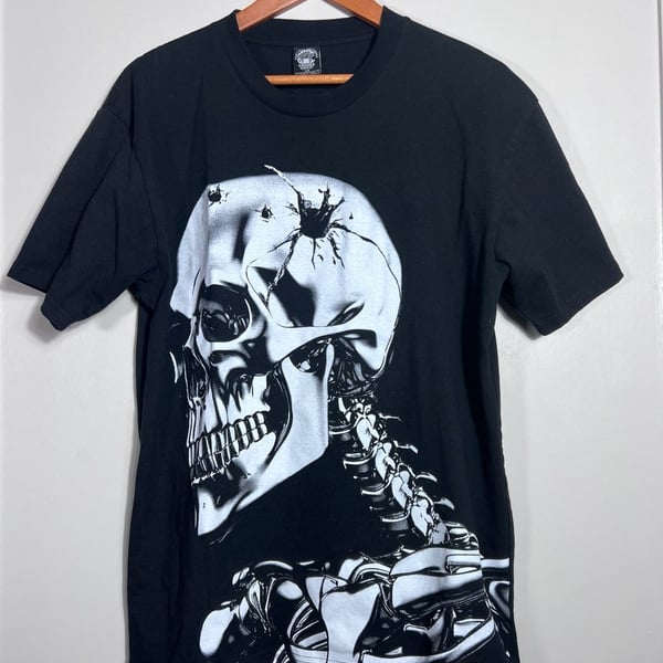 Crooks & Castles Large Black Graphic T-Shirt Skull Robot Streetwear Gothic Y2K