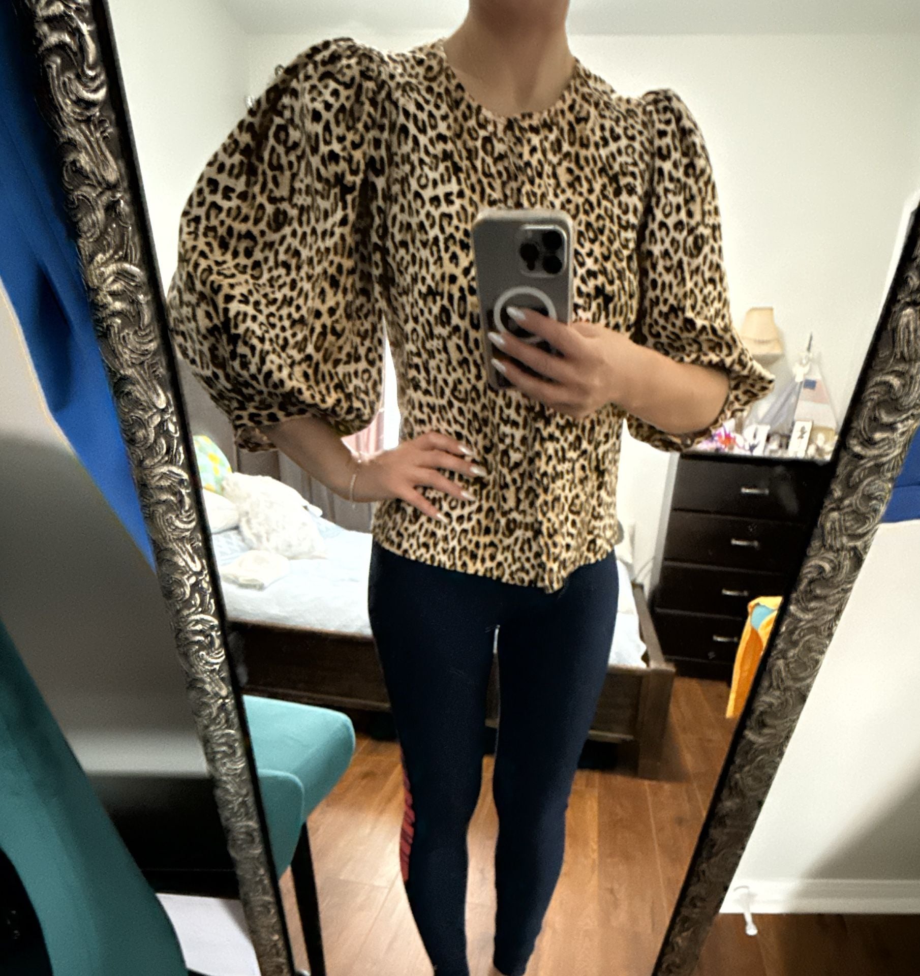 Zara Leopard Print Blouse Size S Long Sleeve Animal Print 9