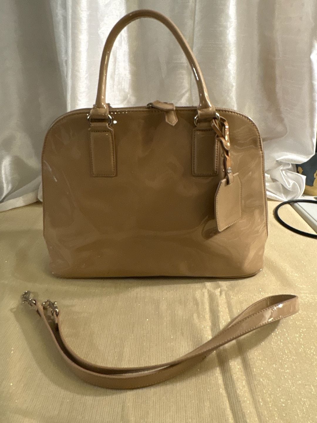 Express Beige Patent Leather Dome Satchel Bag 10