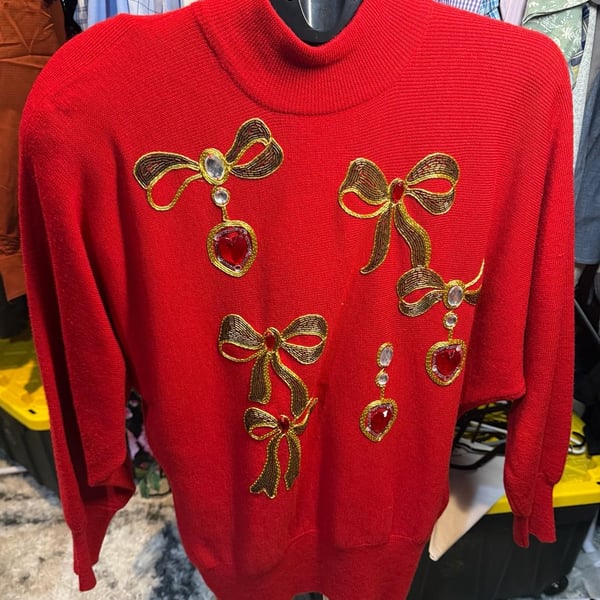 Lillie Rubin Vintage Mock Neck Sweater Size L Red Beaded Bows