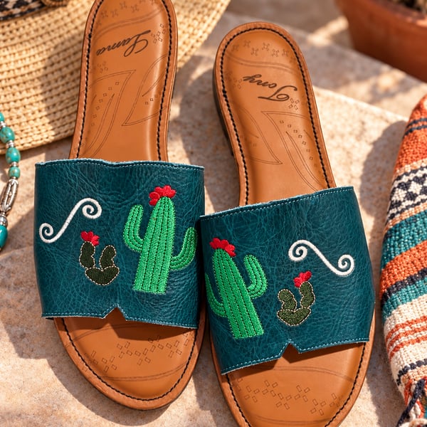 NWOT Tony Llama Cactus Leather Slide Sandals Teal Green - Sz 10