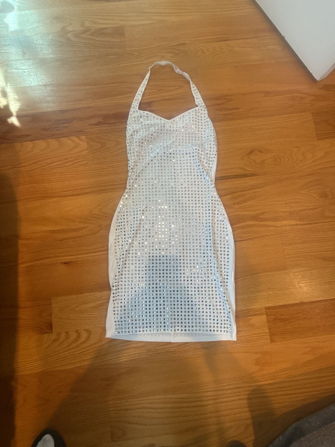 White Rhinestone Studded Halter Mini Dress 2