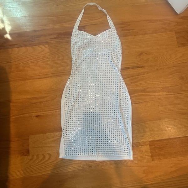 White Rhinestone Studded Halter Mini Dress