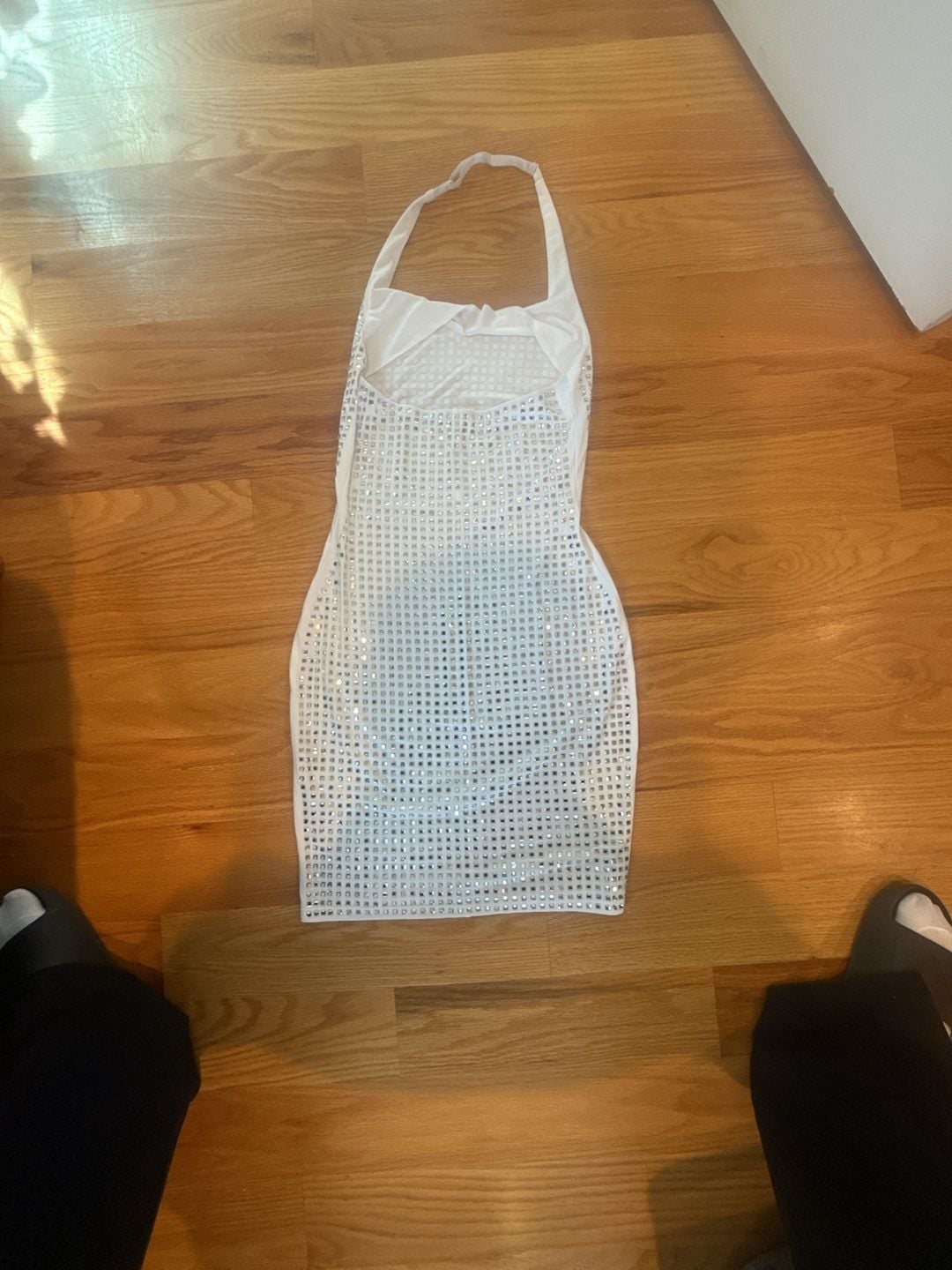 White Rhinestone Studded Halter Mini Dress 4