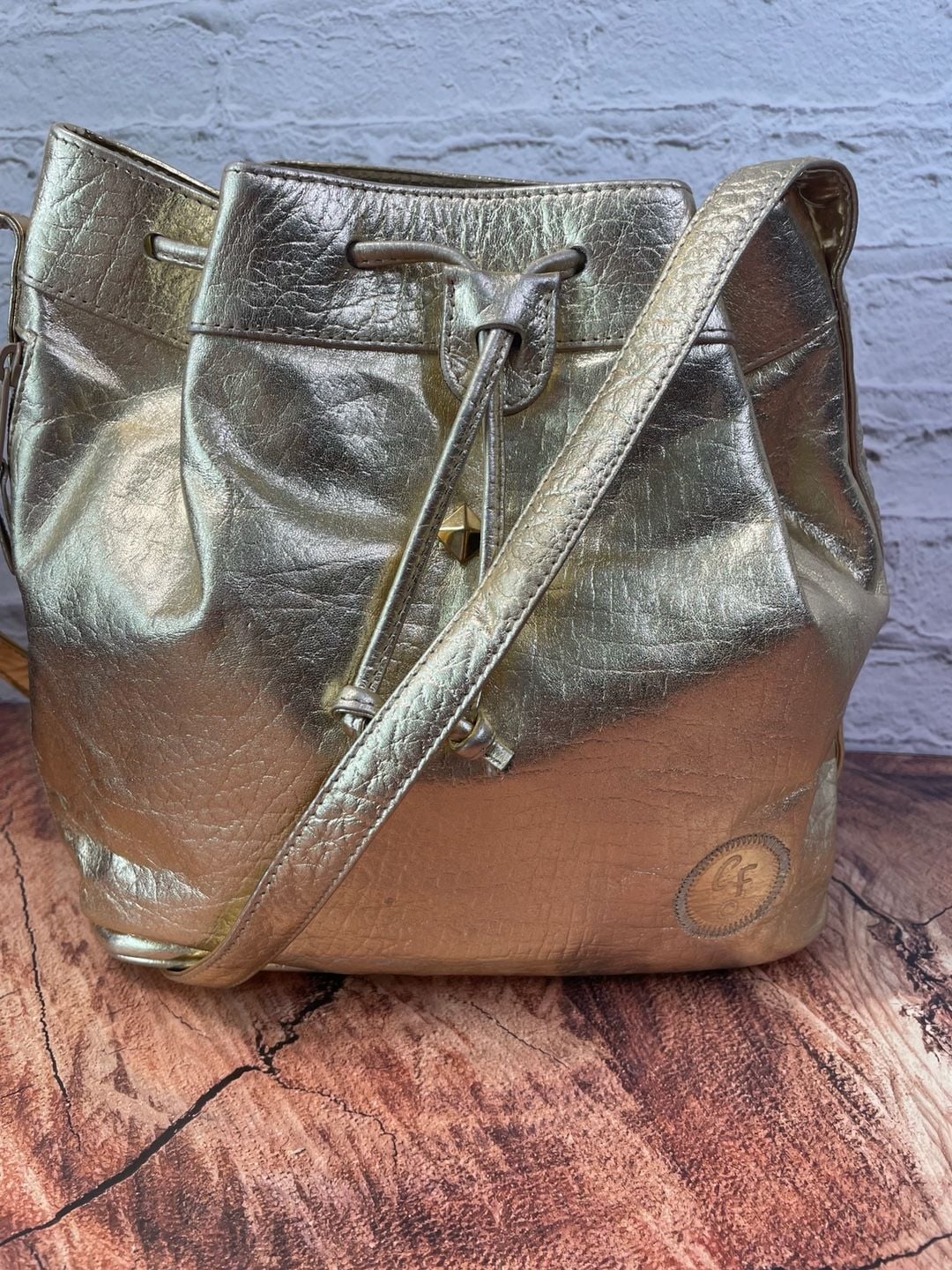 Carlos Falchi Metallic Gold Leather Drawstring Bucket Bag 2