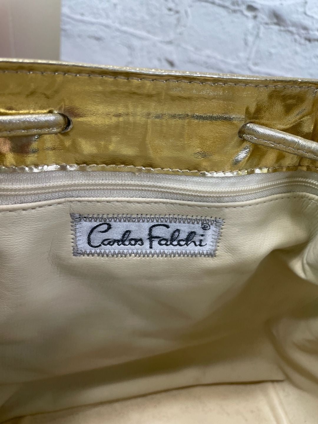 Carlos Falchi Metallic Gold Leather Drawstring Bucket Bag 3