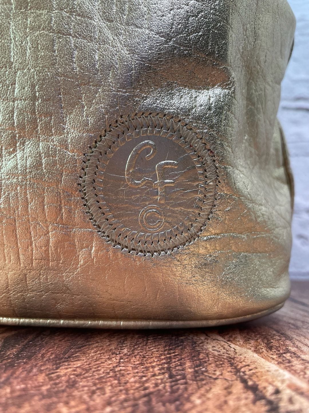 Carlos Falchi Metallic Gold Leather Drawstring Bucket Bag 4