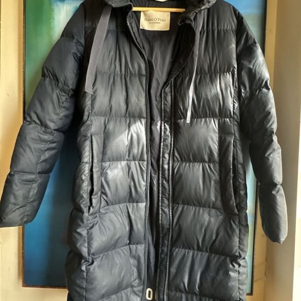 Marc O'Polo Puffer Coat Size 38 Navy Blue Hooded Long Padded