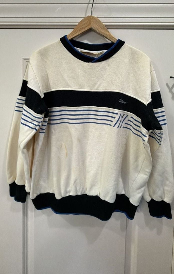 Vintage Wilson Striped Crewneck Sweatshirt Size M White Blue Black 2
