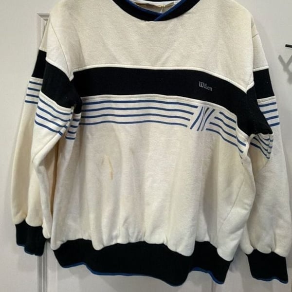 Vintage Wilson Striped Crewneck Sweatshirt Size M White Blue Black