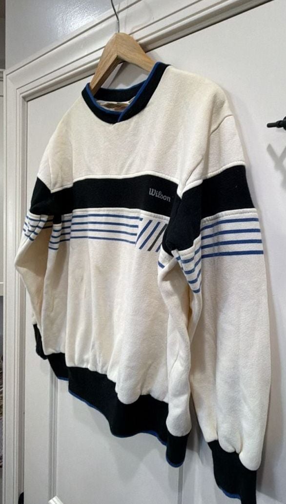 Vintage Wilson Striped Crewneck Sweatshirt Size M White Blue Black 5