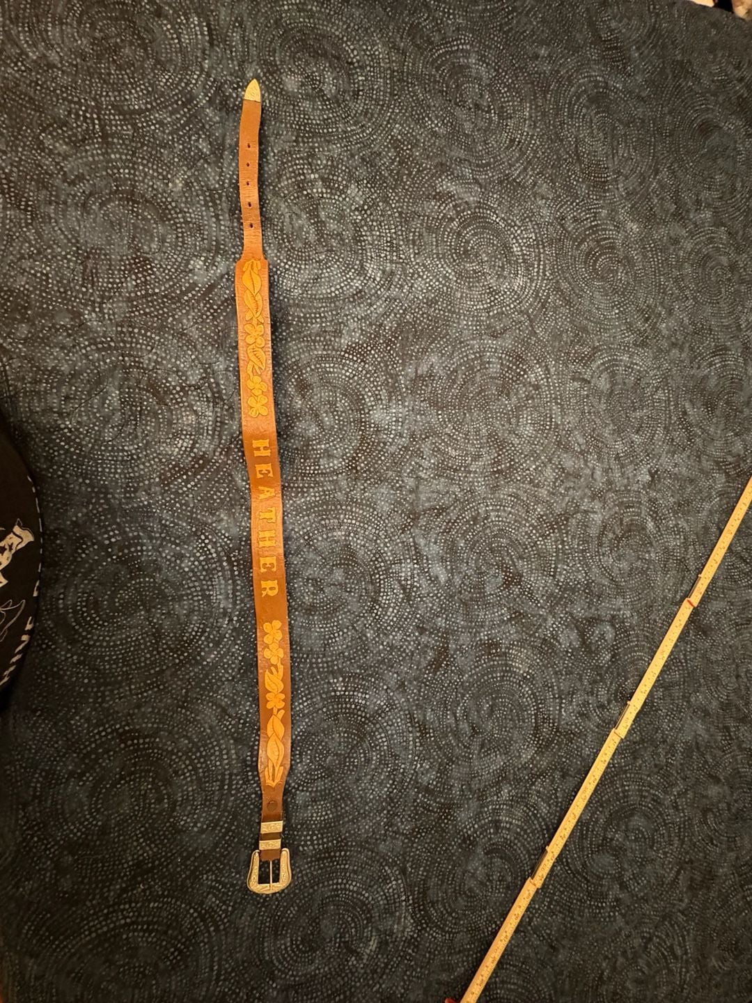 Heather Name Custom Hand Tooled Leather Western Brown Floral Belt 2
