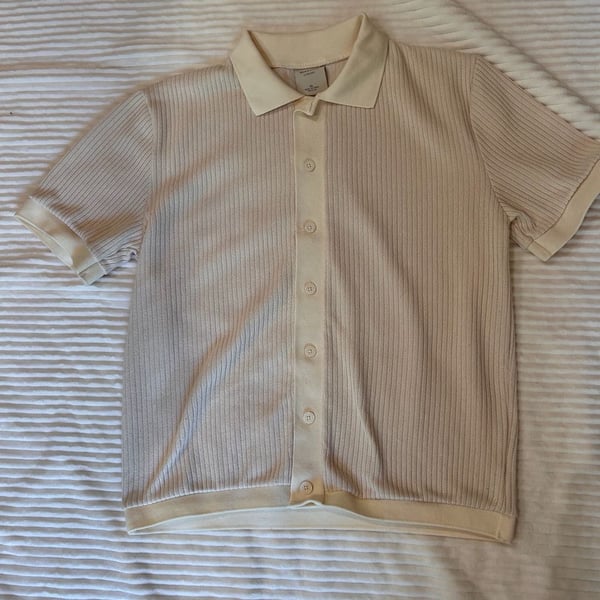 Men’s Massive Luxury Knit Polo Shirt Size XL Beige Short Sleeve Button Up