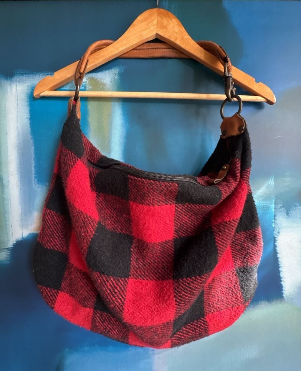 Davey's Red Black Buffalo Plaid Wool Leather Hobo Shoulder Bag 2