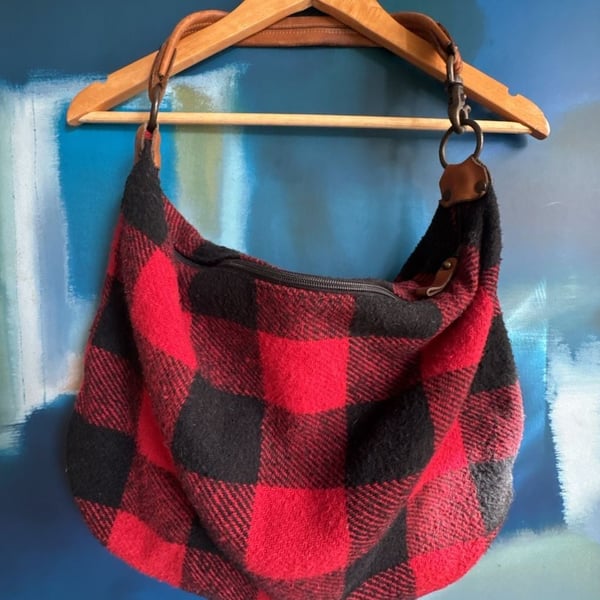 Davey's Red Black Buffalo Plaid Wool Leather Hobo Shoulder Bag
