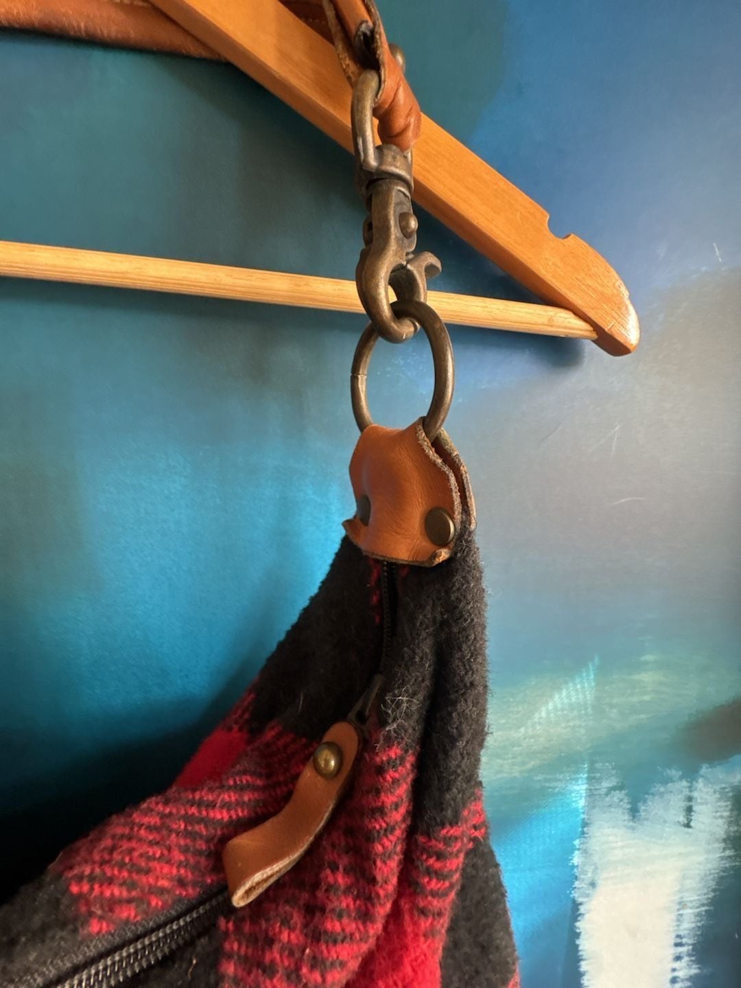 Davey's Red Black Buffalo Plaid Wool Leather Hobo Shoulder Bag 3