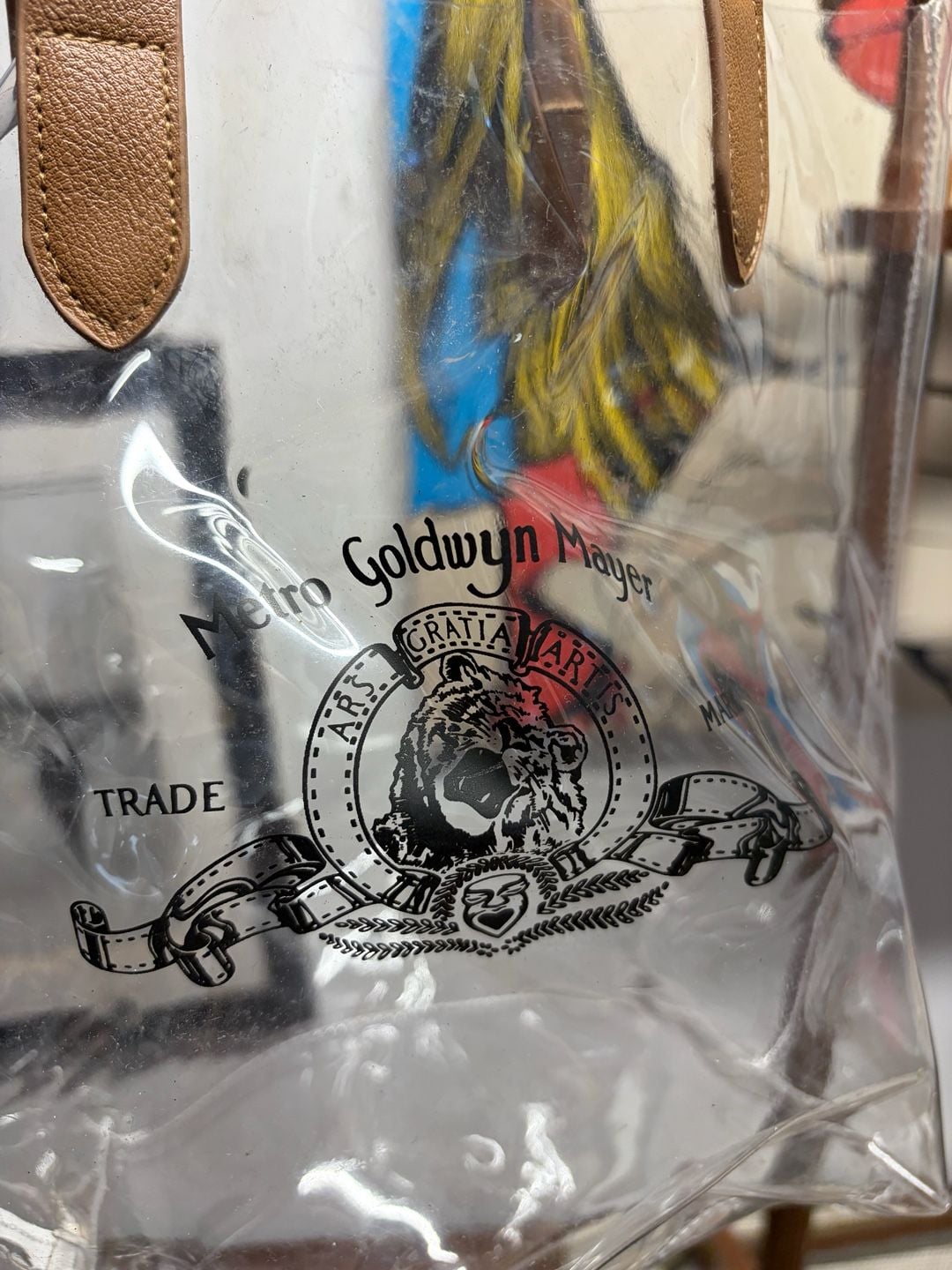 Metro Goldwyn Mayer Clear Tote Bag Brown Leather Handles 8