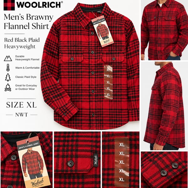 NWT Woolrich Men's Brawny Flannel Shirt Red Black Plaid Heavyweight XL