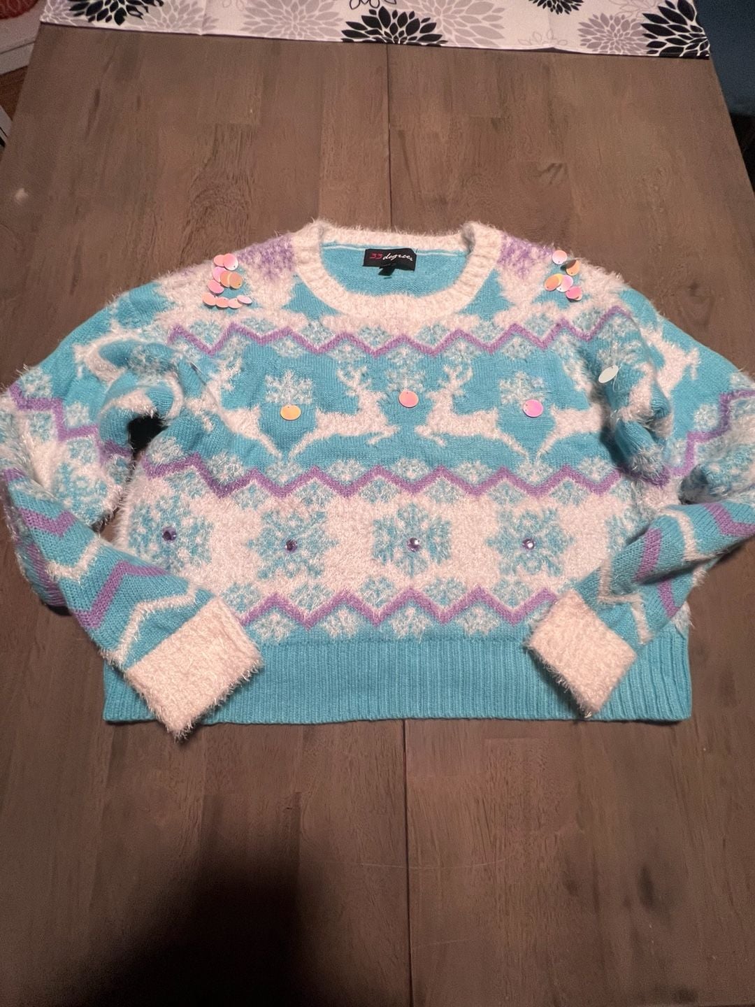 33 Degrees Ugly Christmas Sweater Size S Blue Fuzzy Reindeer Sequins 2