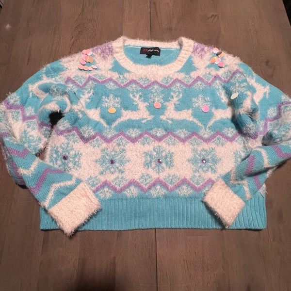 33 Degrees Ugly Christmas Sweater Size S Blue Fuzzy Reindeer Sequins
