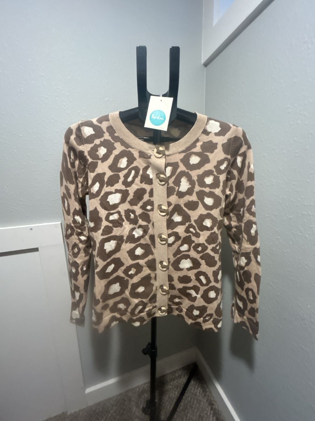 Boden Leopard Print Cardigan Size UK 8 Brown Beige Crew Neck 2