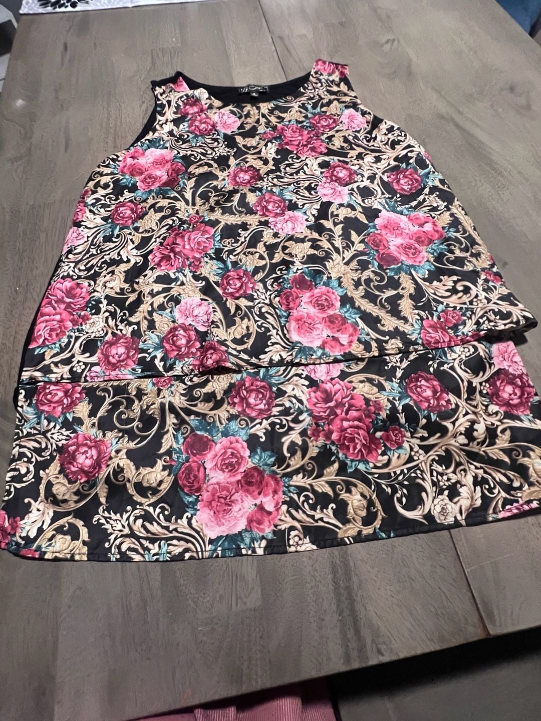 DB Clothing Floral Tank Top Size S Black Pink Rose Print Layered Hem 2