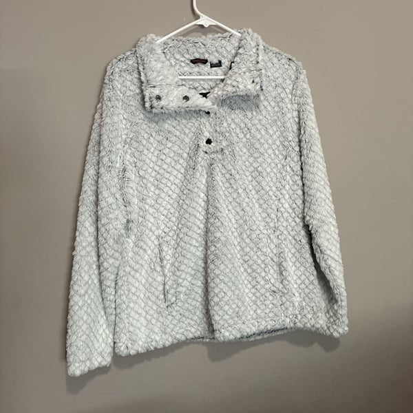 Womens Canyon Creek Sherpa Pullover Size M White Black Fuzzy Fleece Snap Neck