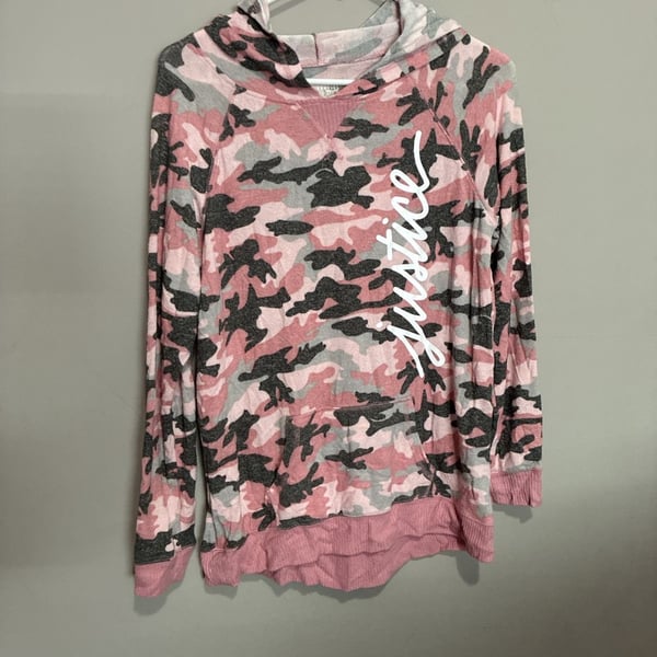 Justice Active Kids long sleeve with a hood Size 14/16 Pink Camo Logo Pullover