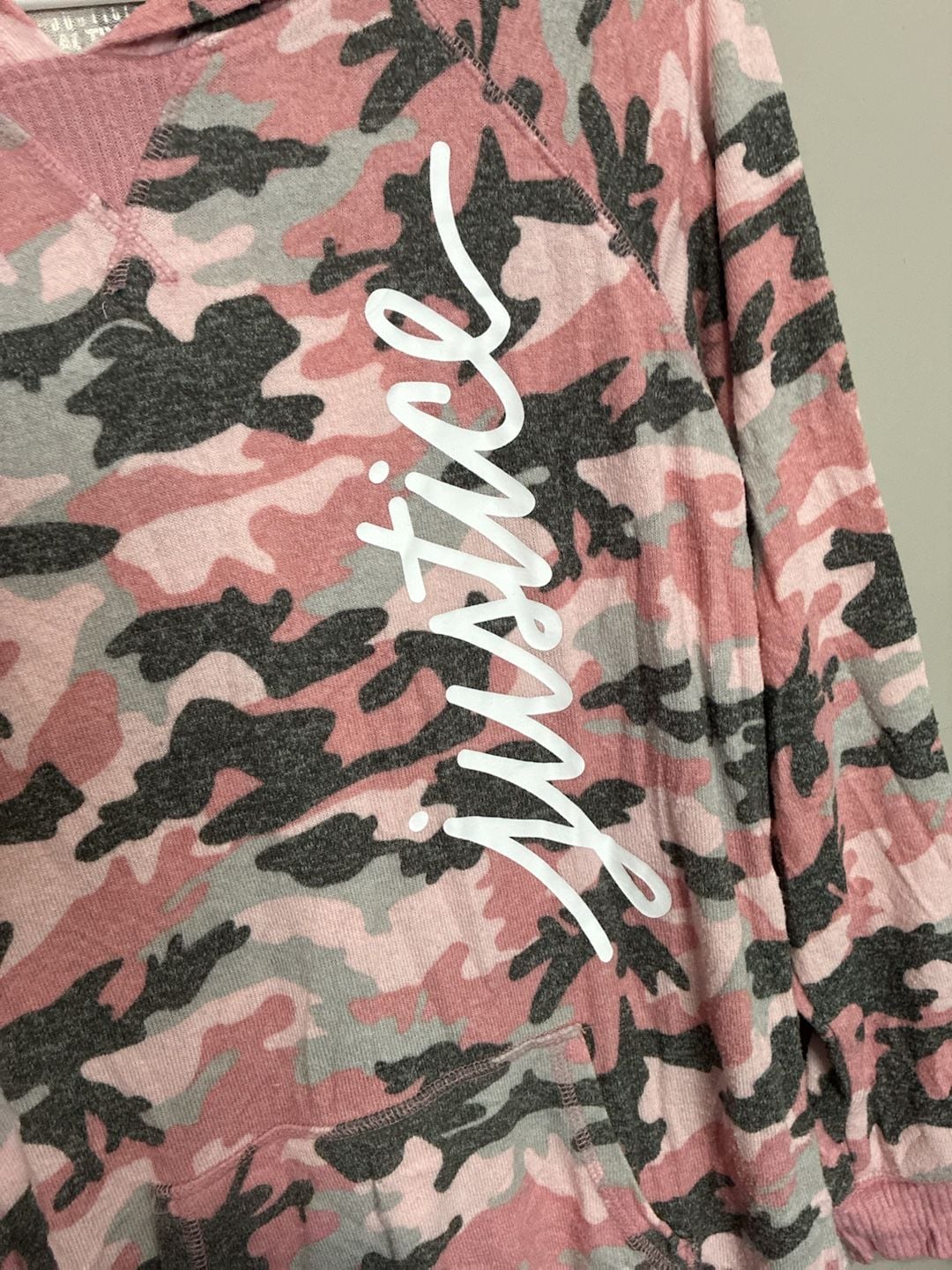 Justice Active Kids long sleeve with a hood Size 14/16 Pink Camo Logo Pullover 5