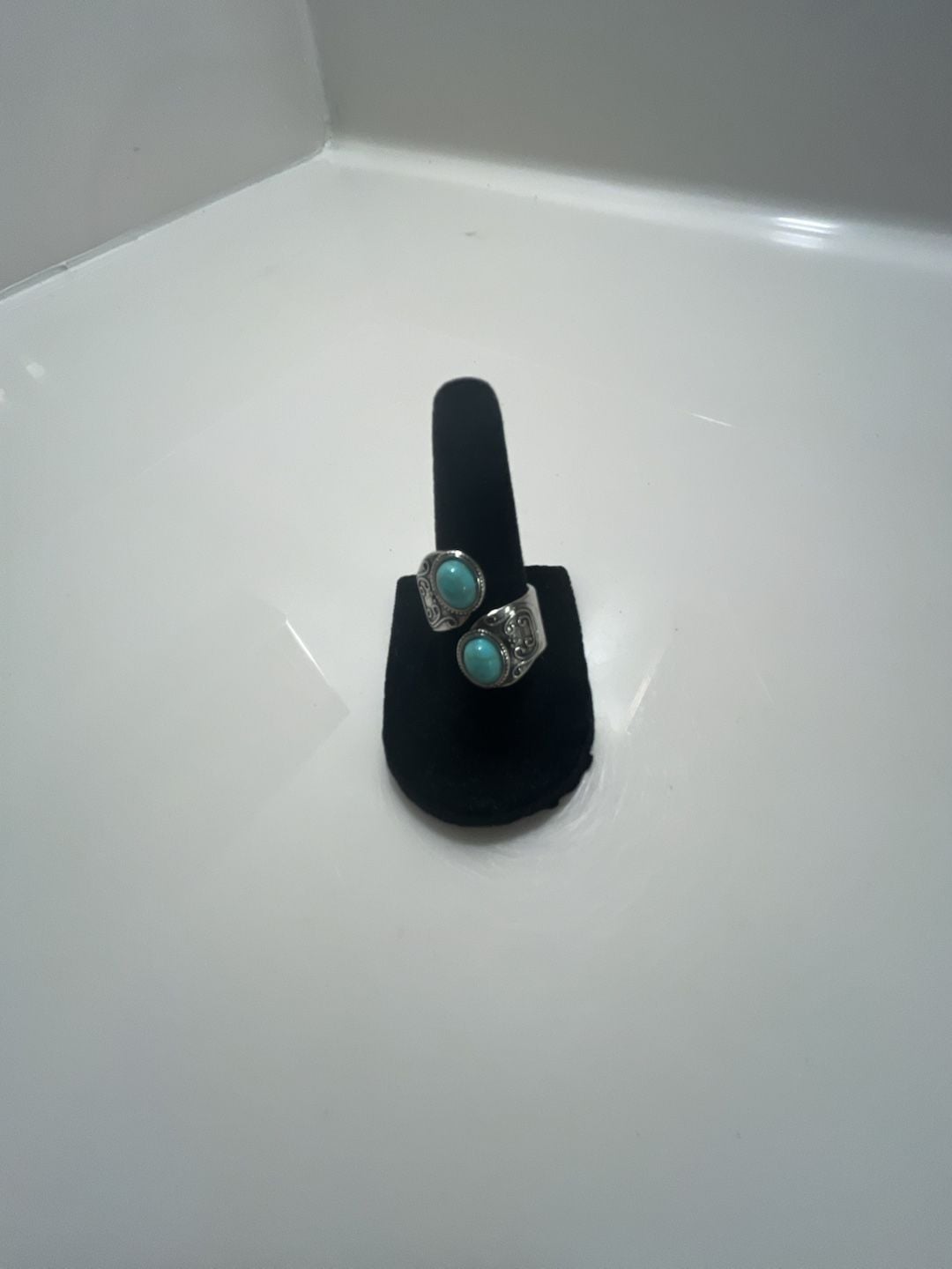 Turquoise Sterling Silver Two Stone Scroll Motif Bypass Ring 3