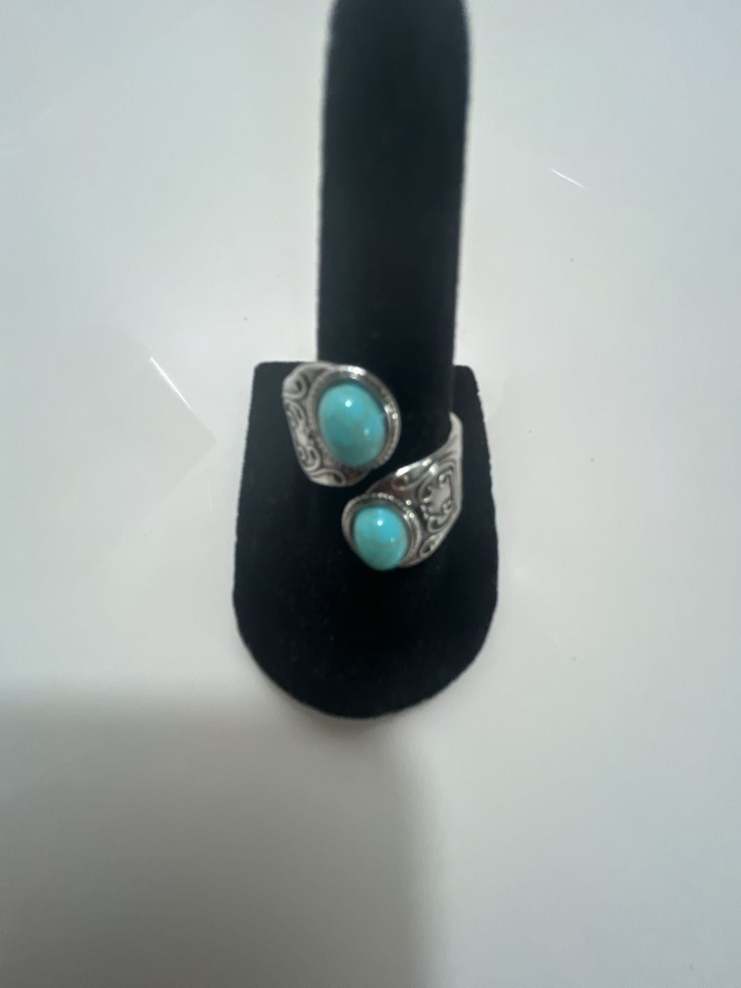 Turquoise Sterling Silver Two Stone Scroll Motif Bypass Ring 2