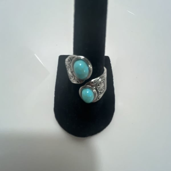 Turquoise Sterling Silver Two Stone Scroll Motif Bypass Ring
