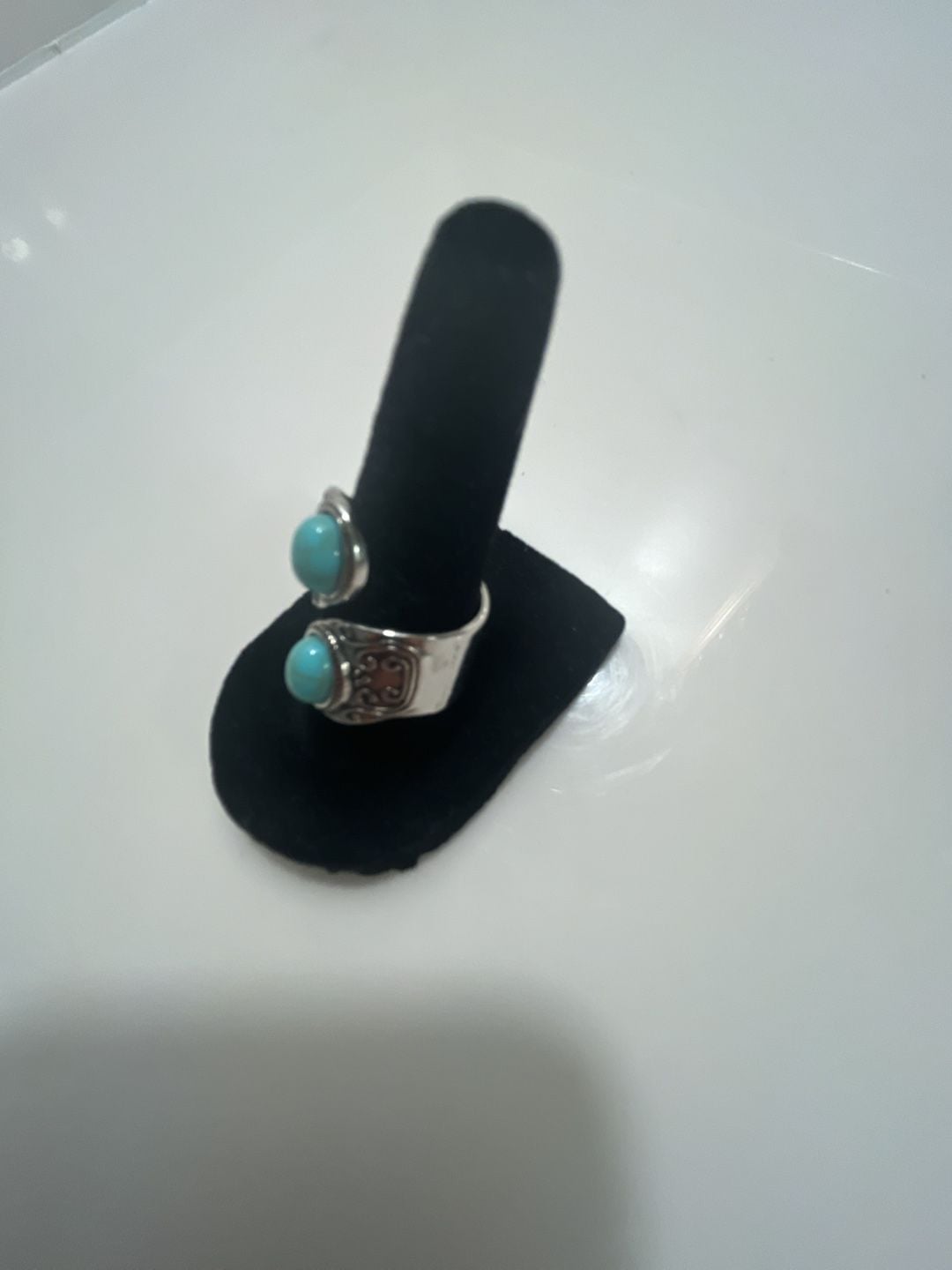 Turquoise Sterling Silver Two Stone Scroll Motif Bypass Ring 5