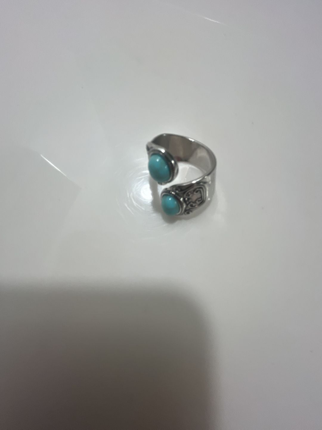 Turquoise Sterling Silver Two Stone Scroll Motif Bypass Ring 7