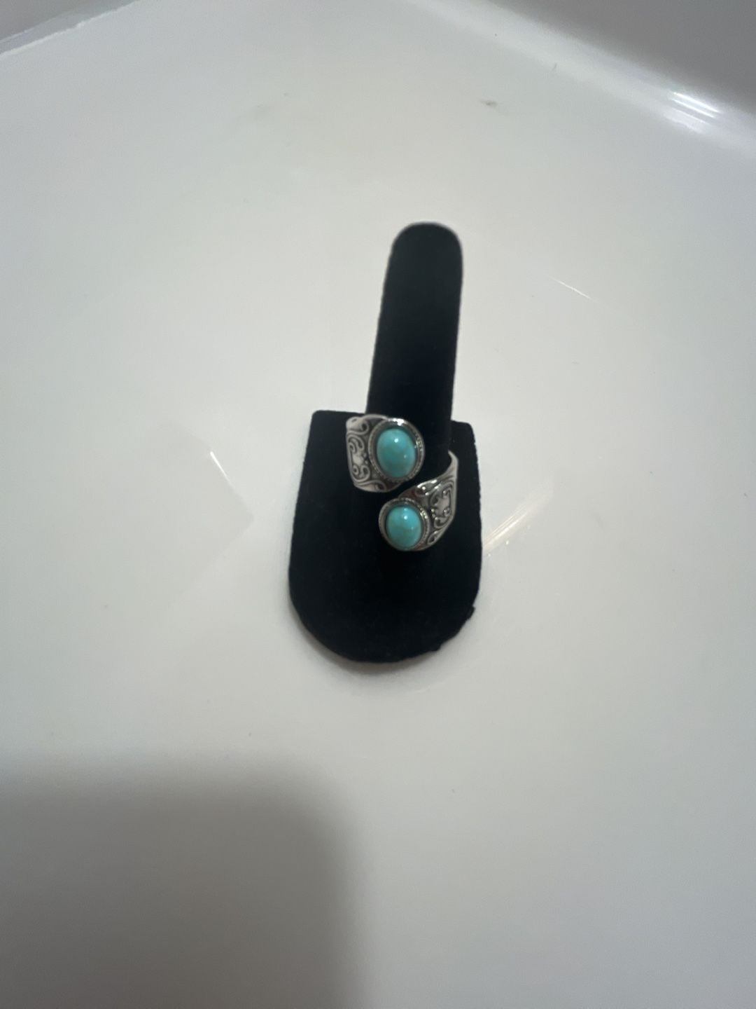 Turquoise Sterling Silver Two Stone Scroll Motif Bypass Ring 10